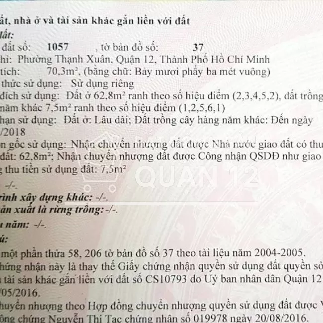 Chính chủ bán đất 4x17 hẻm 6m đường TX21 gần chợ Thạnh Xuân