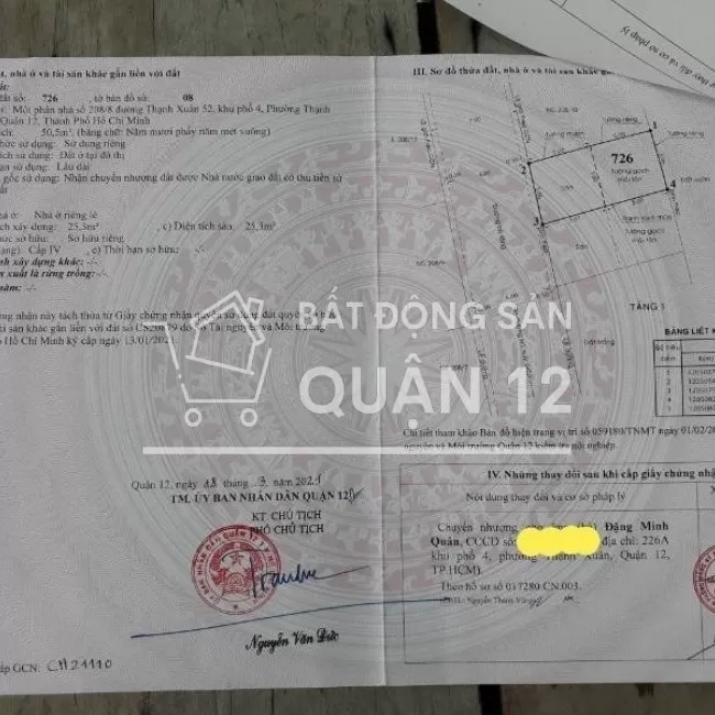 Đất Thạnh Xuân 52 , đường 6m , diện tích 5*10 m2 , sổ hồng riêng .