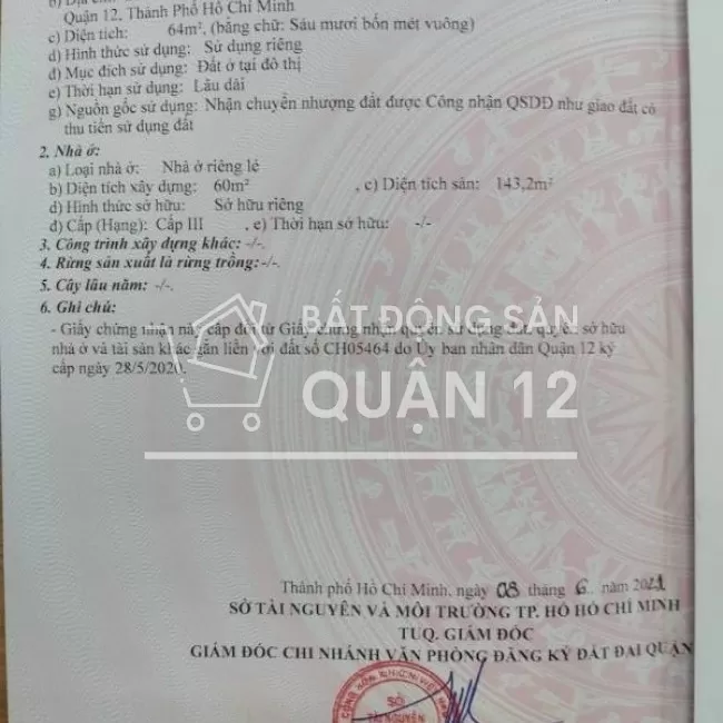 Nhà 1/ 1trệt 2lầu 64m2(4x16) Hẻm 3M, Ng V Quá Đông H Thuận Q12. 4tỷ350
