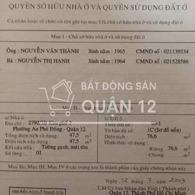 Cần bán gấp nhà An Phú Đông, Quận 12. DT 76.6 giá 3,1 tỷ