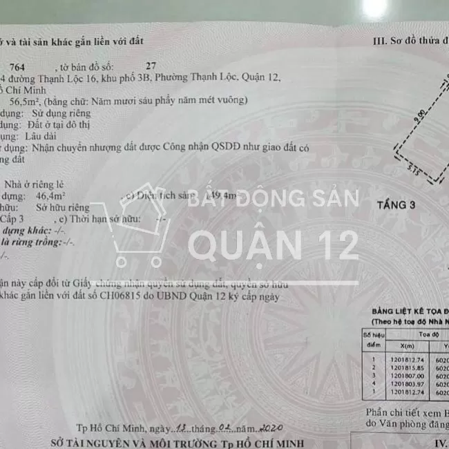 NHÀ THẠNH LỘC 16 CHỢ CẦU ĐỒNG,ngã tư Ga, PHƯỜNG THẠNH LỘC, QUẬN 12