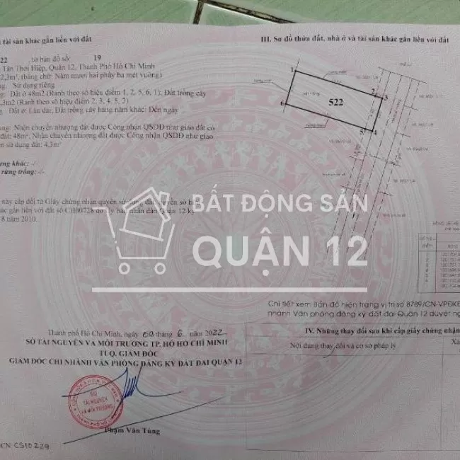 Bán đất hẻm 256  Dương Thị Mười, P. Tân Thới Hiệp, Q.12, DT: 52,3m22