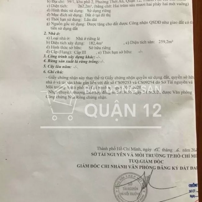 Bán lô đất diện tích 262,2 m2 mặt tiền đường Lê Thị Riêng Quận 12