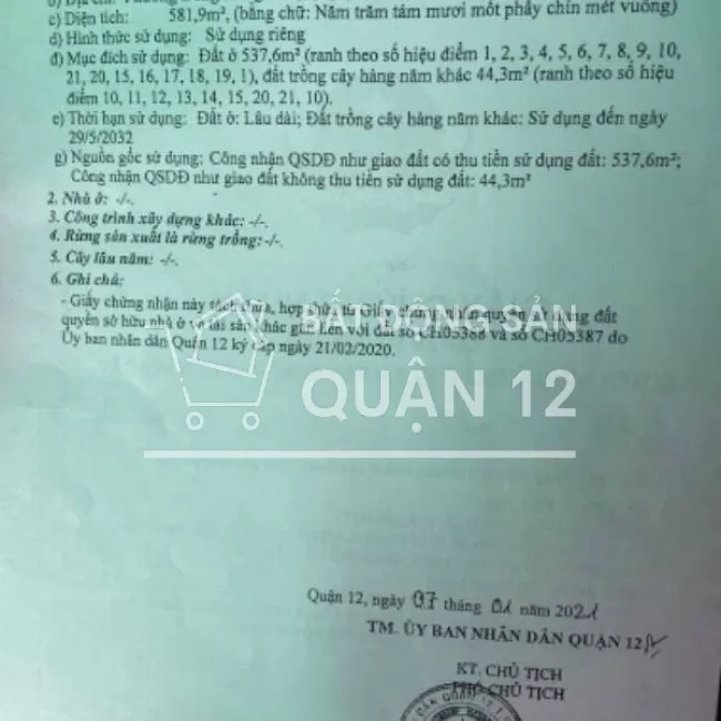 Cần Bán 581m2 Đất thổ cư Nguyễn Văn Quá. Đối diện Galaxy