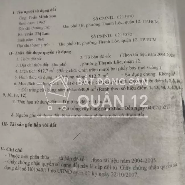 Bán gấp đất 1/thạnh lộc 27 ,quận12 ,912m2 thổ cư 