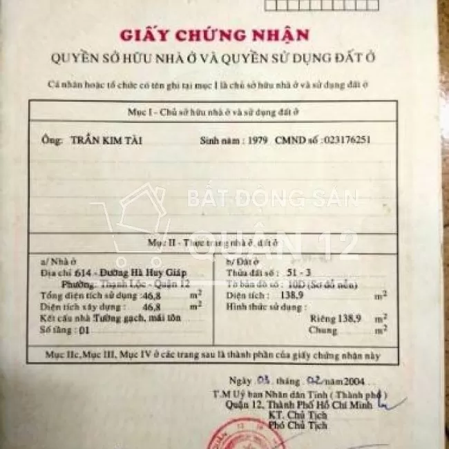 Bán nhà 614 Hà Huy Giáp, P.Thạnh Lộc. 5x26.8m, đường 30m, HĐ thuê 15tr