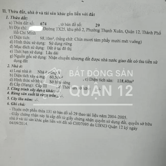 Bán nhà 1 sẹc TX 25 giá 5,1 tỷ, P. Thạnh Xuân, Quận 12, Tp Hồ Chí Minh