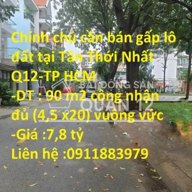 Chính chủ cần bán gấp lô đất tại Tân Thới Nhất Q12-TP HCM