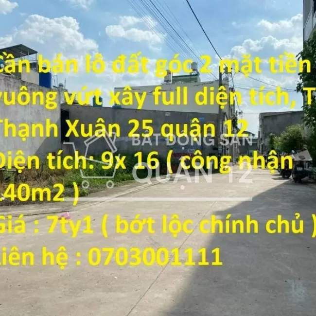 Cần bán lô đất góc 2 mặt tiền Tại Thạnh Xuân 25 quận 12