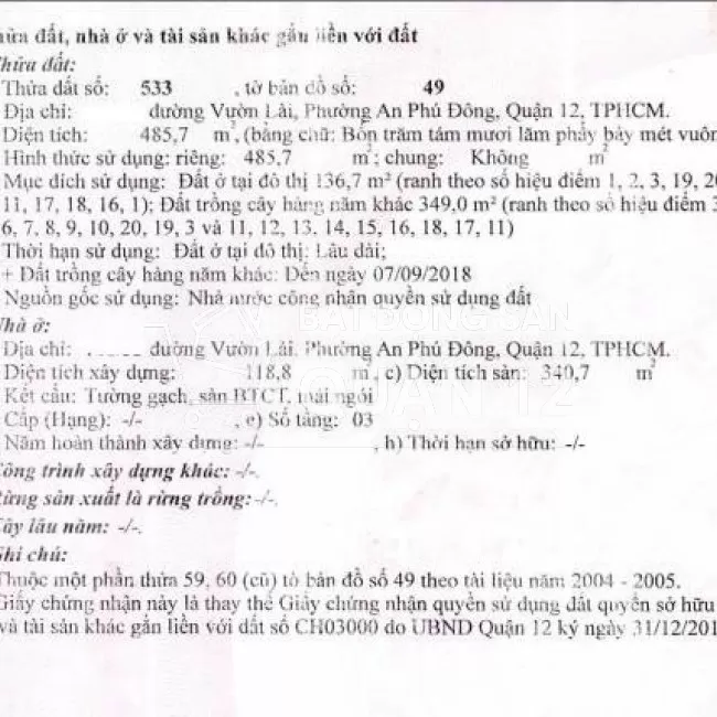 CHÍNH CHỦ cần bán căn HXH Vườn Lài, APĐ, DT=486m2 (7.7x60)m